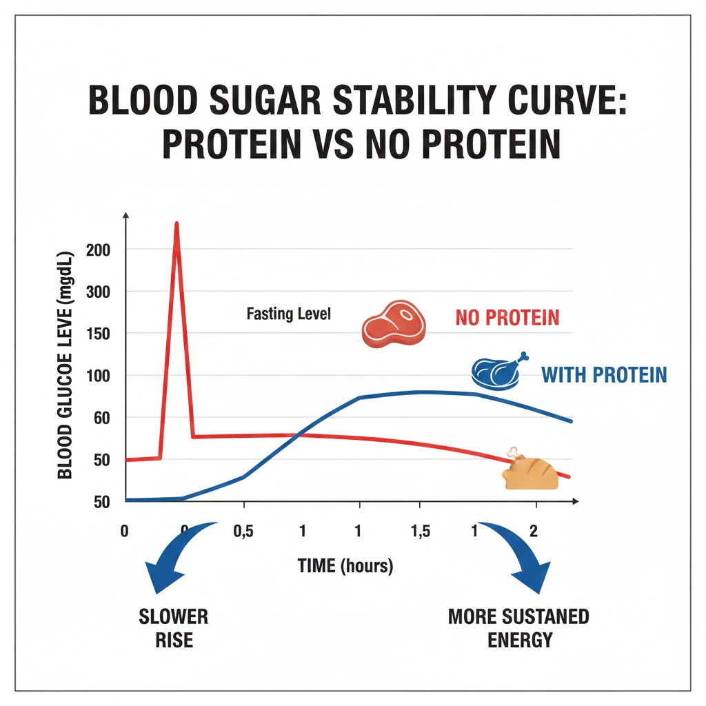 Blood sugar stability curve comparison: Protein vs No Protein