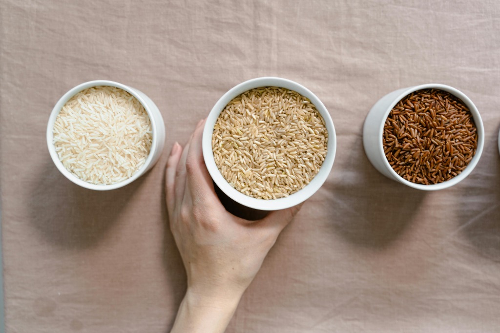 Variety of rice and grains in bowls