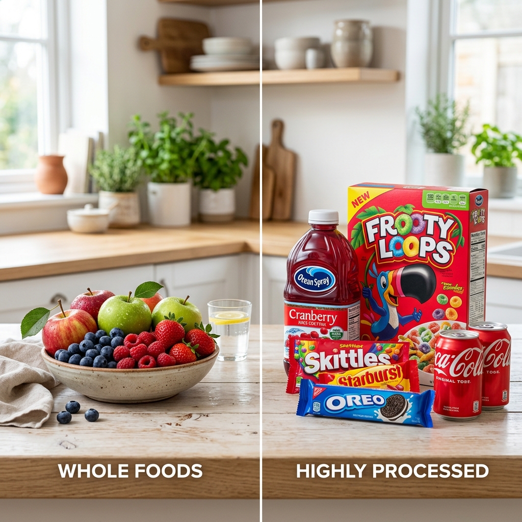 Comparing natural whole fruit sugars versus highly processed fruit juices and sweets