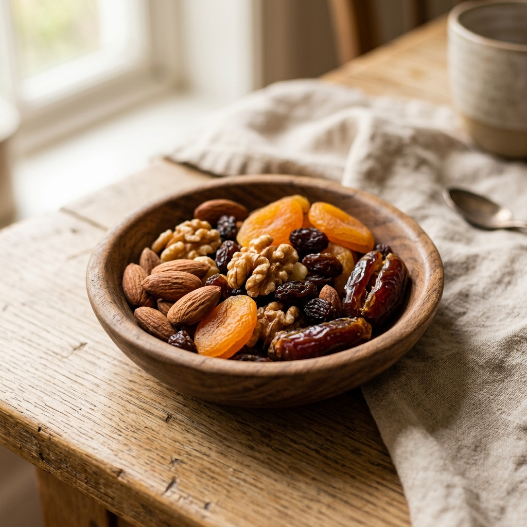 Mixed dried fruit and nuts in a bowl