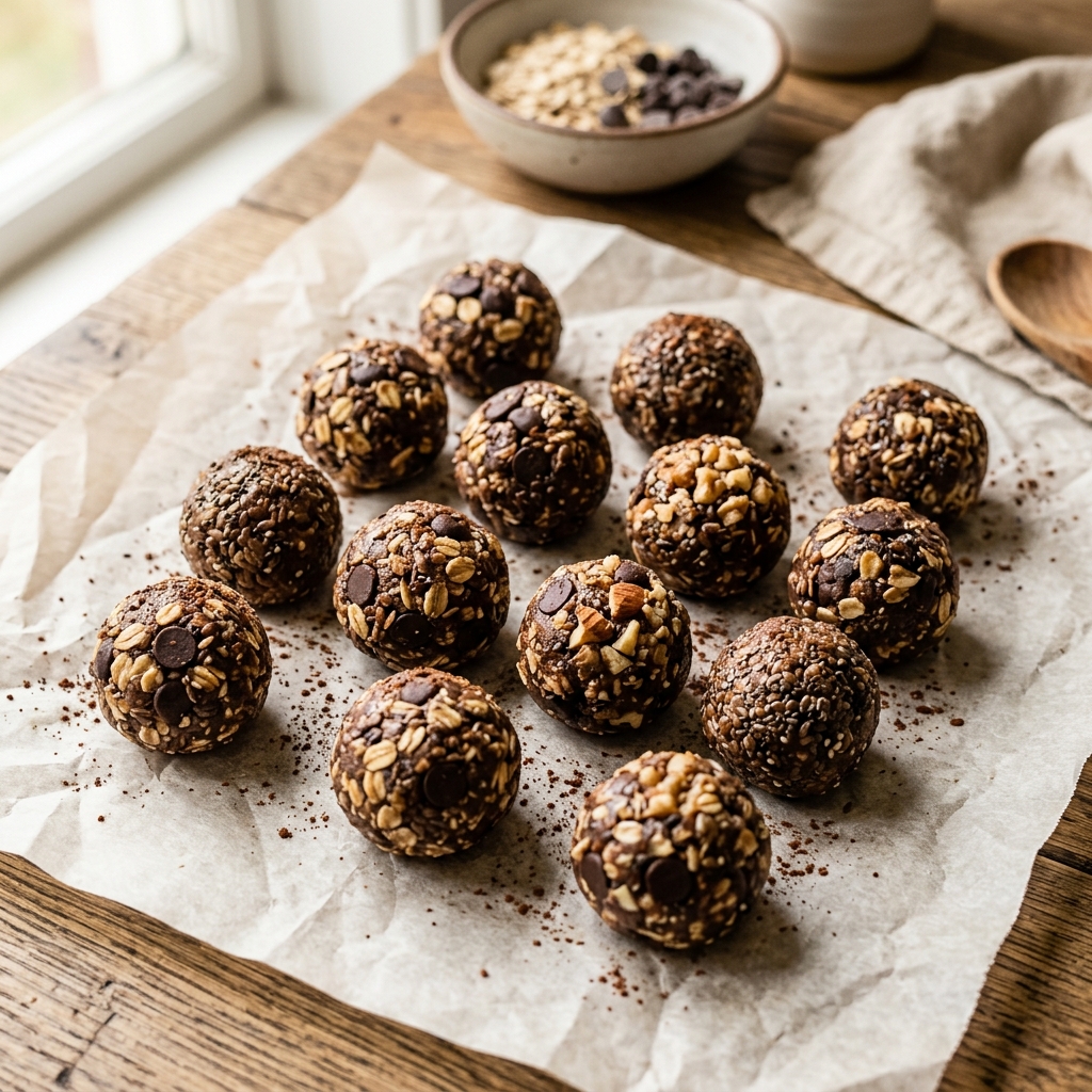 Homemade energy balls on parchment paper