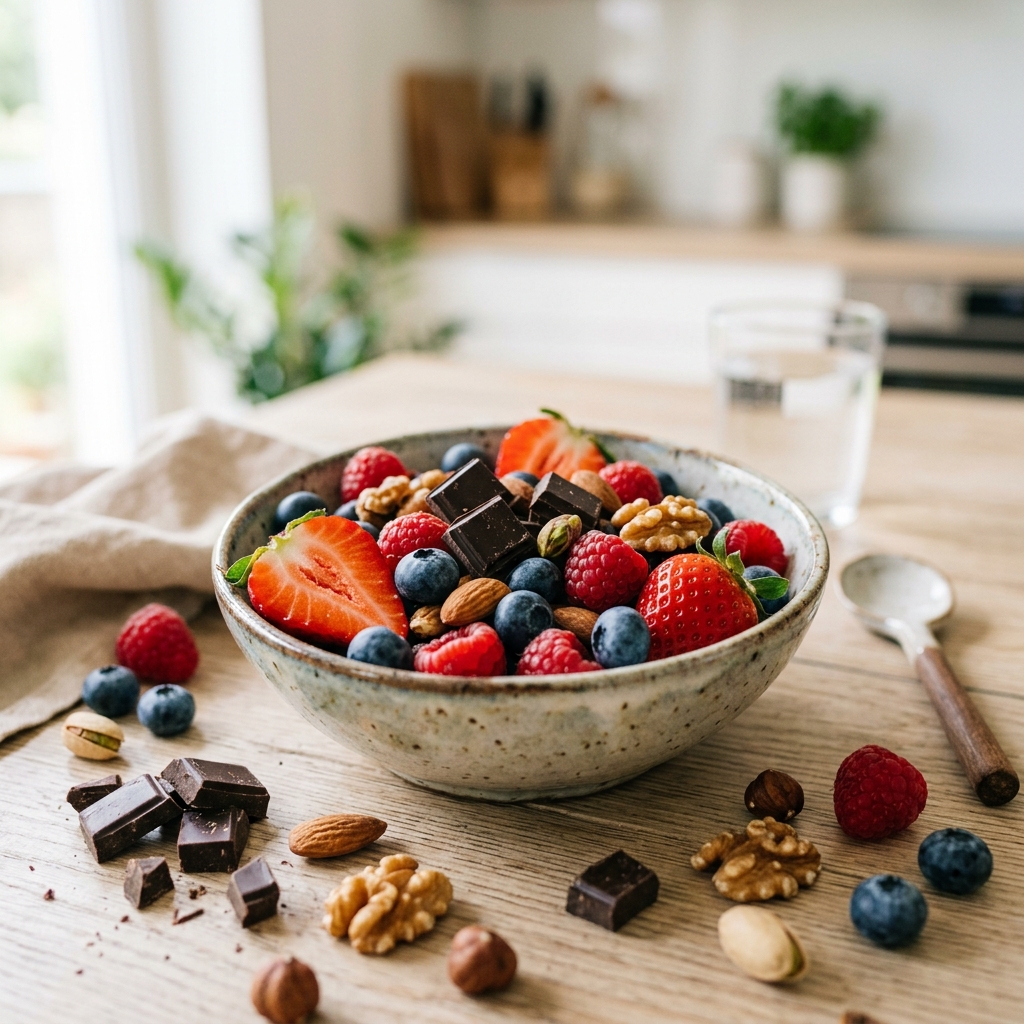 Healthy sweet snacks like berries and dark chocolate